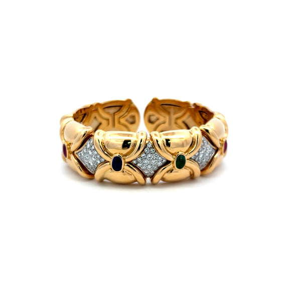 1.50 Carat Diamond 2.66 Carat Emerald Sapphire Ruby 18K YG Cuff Bracelet