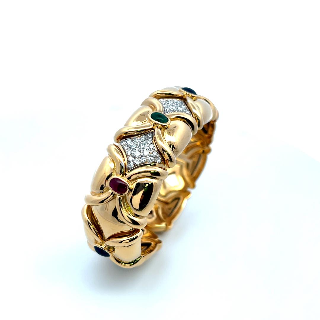 1.50 Carat Diamond 2.66 Carat Emerald Sapphire Ruby 18K YG Cuff Bracelet