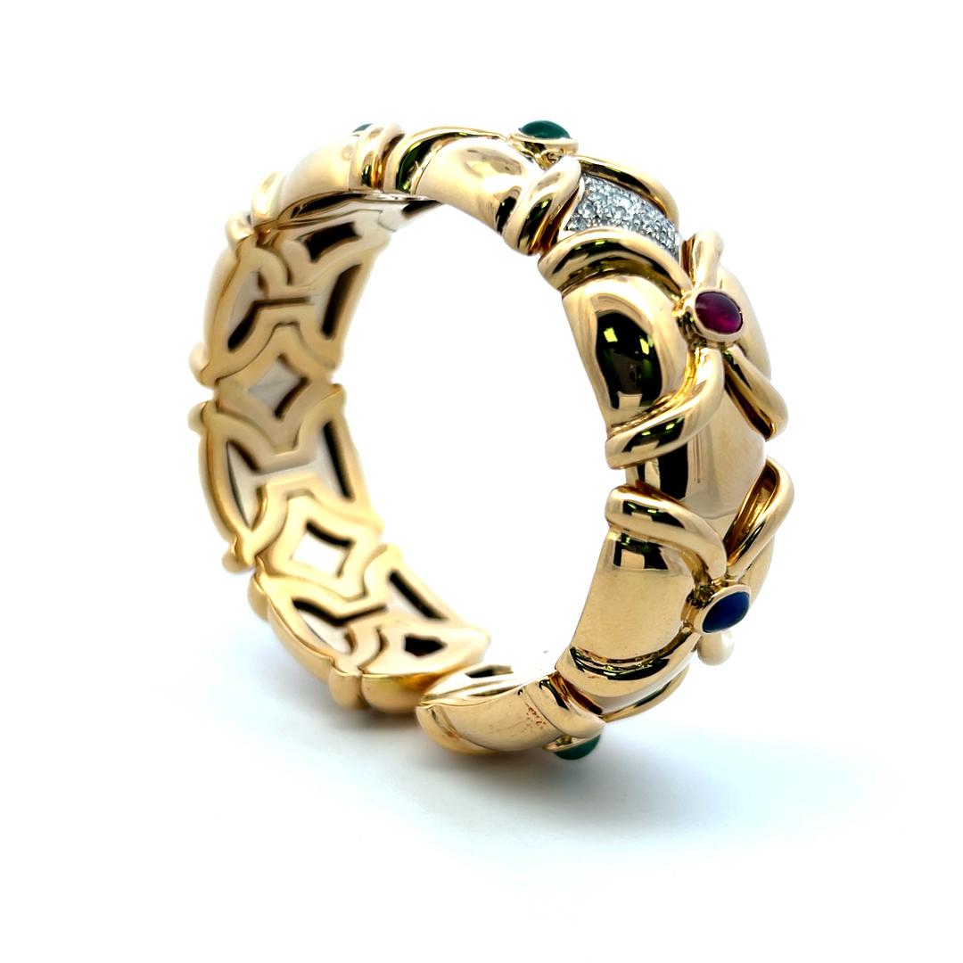 1.50 Carat Diamond 2.66 Carat Emerald Sapphire Ruby 18K YG Cuff Bracelet