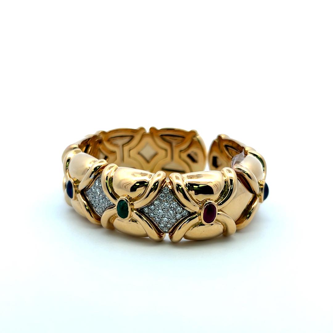 1.50 Carat Diamond 2.66 Carat Emerald Sapphire Ruby 18K YG Cuff Bracelet
