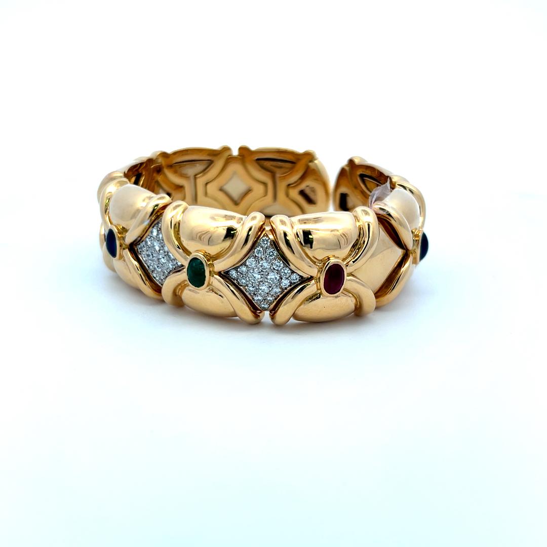 1.50 Carat Diamond 2.66 Carat Emerald Sapphire Ruby 18K YG Cuff Bracelet
