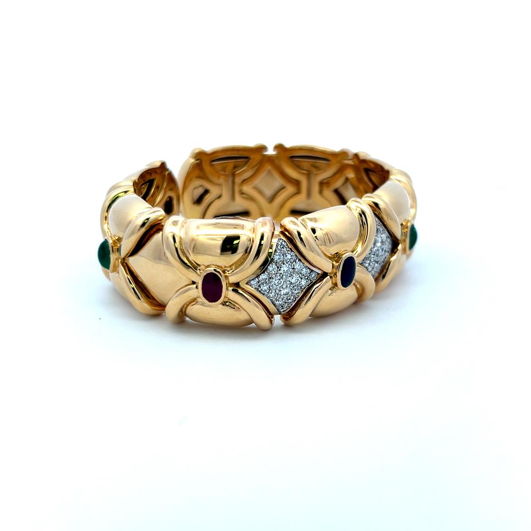 1.50 Carat Diamond 2.66 Carat Emerald Sapphire Ruby 18K YG Cuff Bracelet