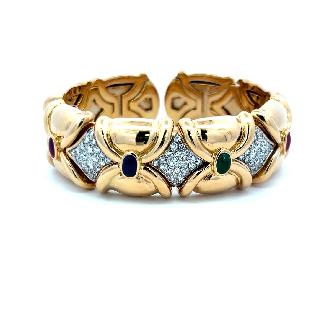 1.50 Carat Diamond 2.66 Carat Emerald Sapphire Ruby 18K YG Cuff Bracelet