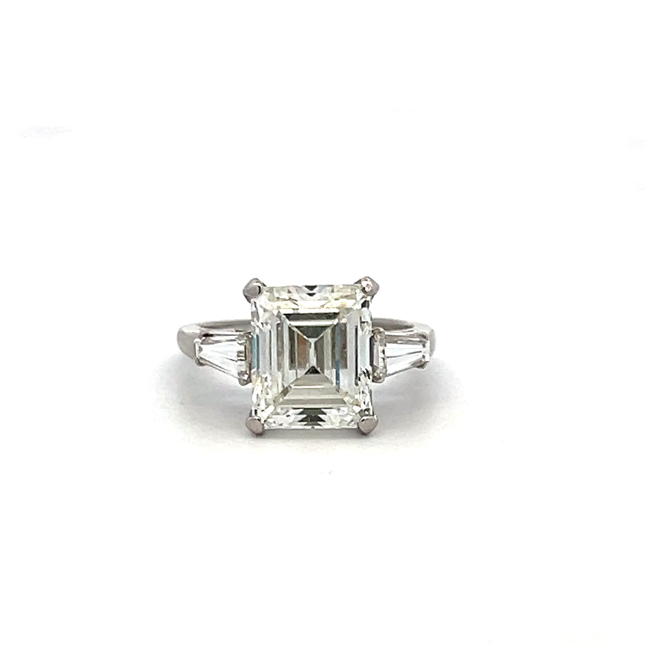 5.99 Carat Emerald Cut and Tapered Baguette Diamond Platinum Engagement Ring