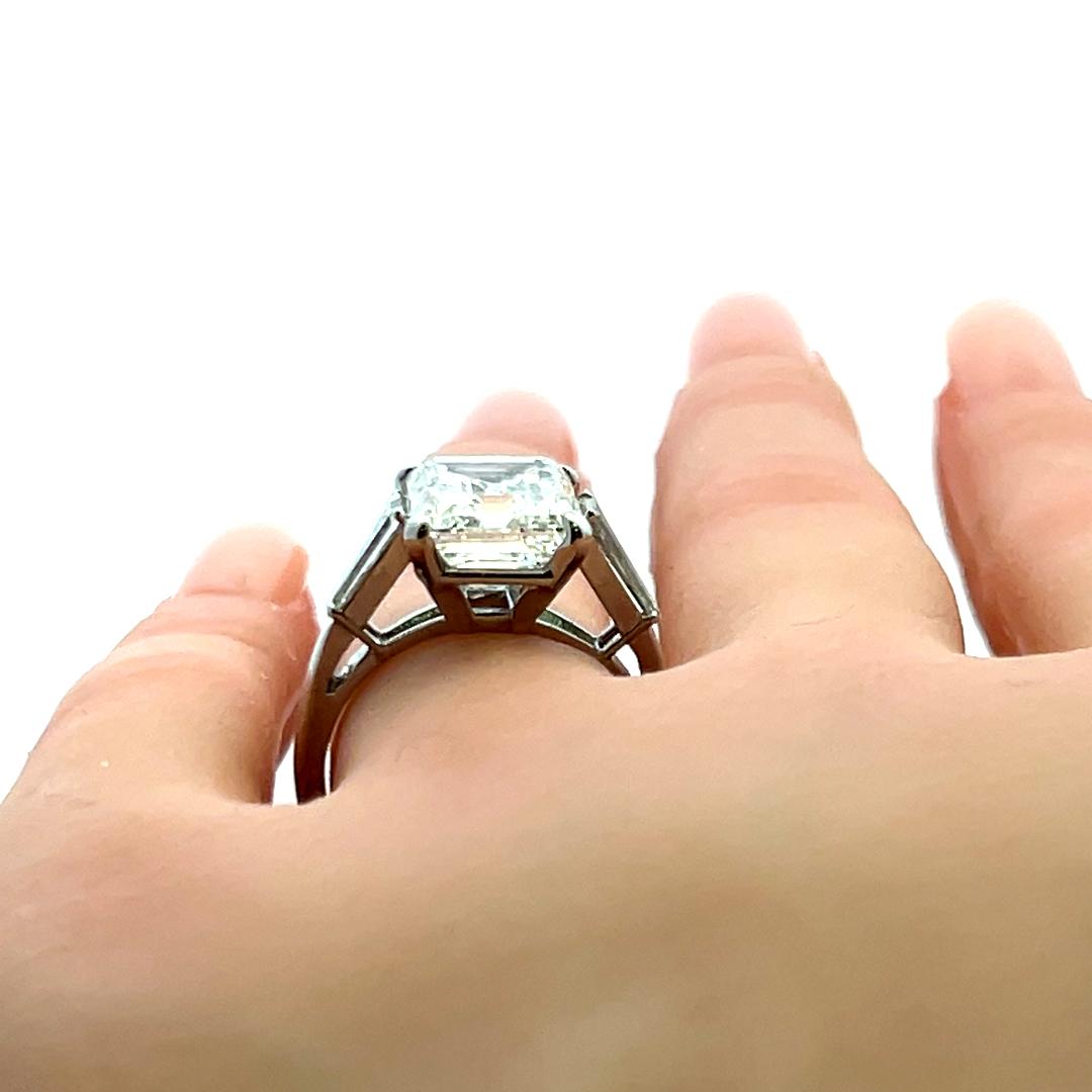 5.99 Carat Emerald Cut and Tapered Baguette Diamond Platinum Engagement Ring