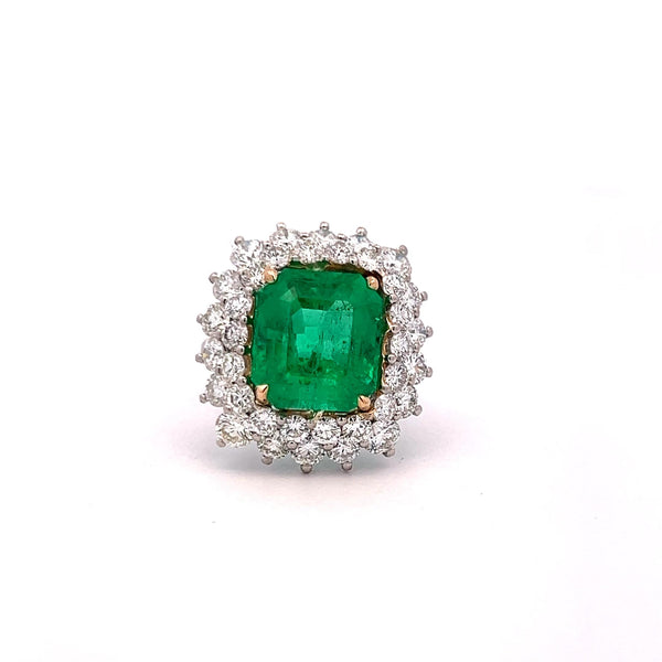 6.81 Carat Emerald 3.19 Carat Round Brilliant Diamond Gold Plat Cluster Ring