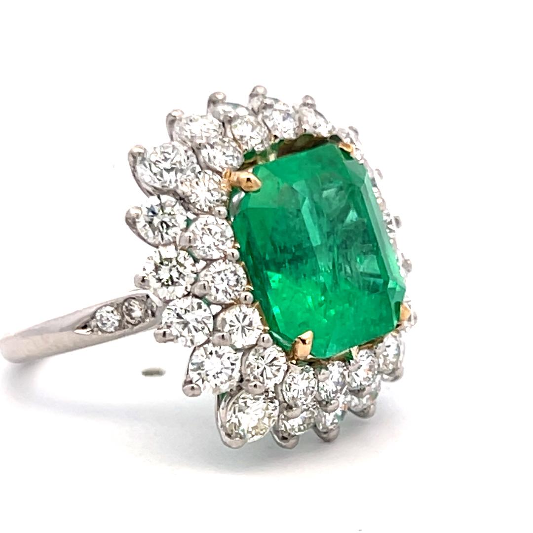 6.81 Carat Emerald 3.19 Carat Round Brilliant Diamond Gold Plat Cluster Ring