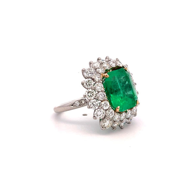 6.81 Carat Emerald 3.19 Carat Round Brilliant Diamond Gold Plat Cluster Ring