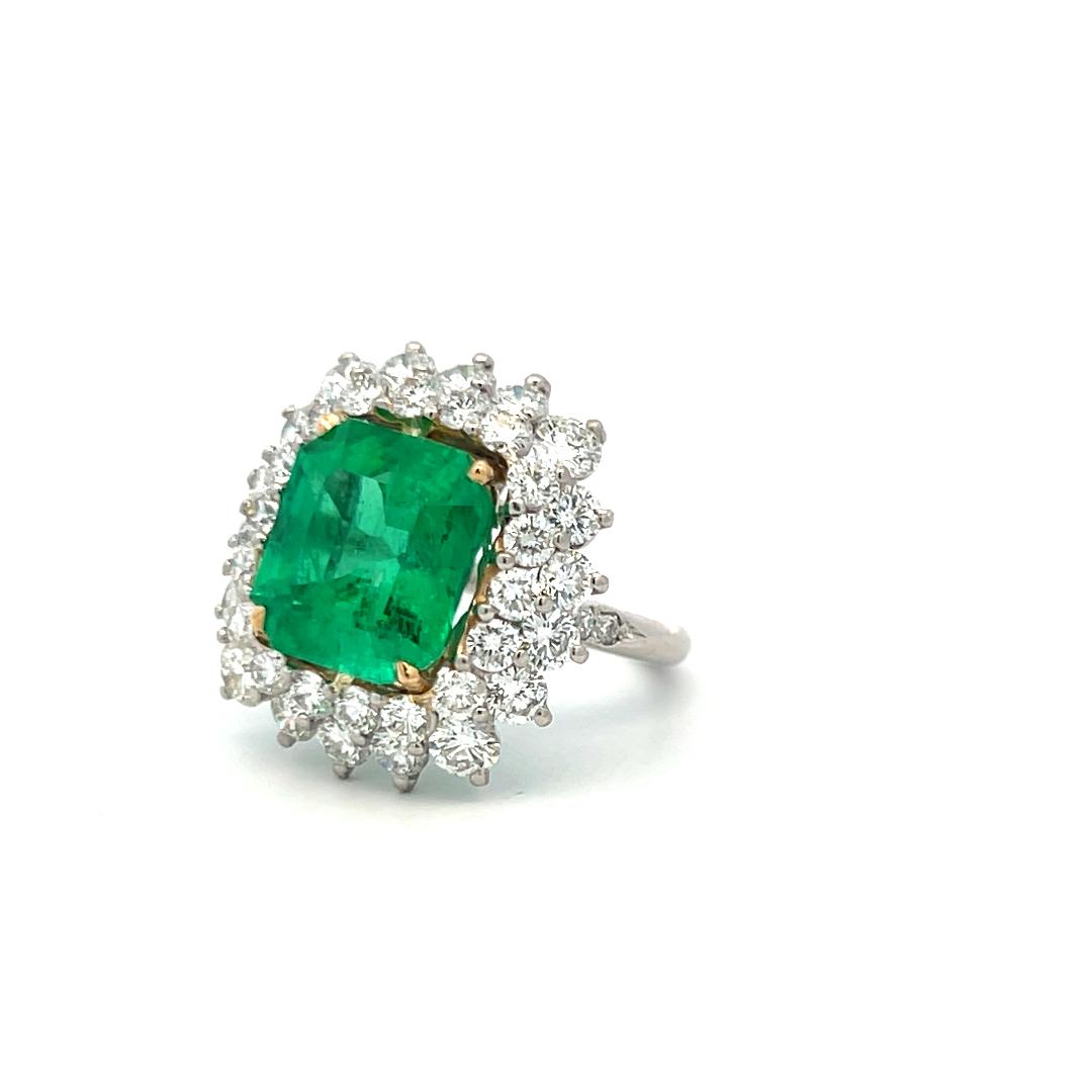 6.81 Carat Emerald 3.19 Carat Round Brilliant Diamond Gold Plat Cluster Ring
