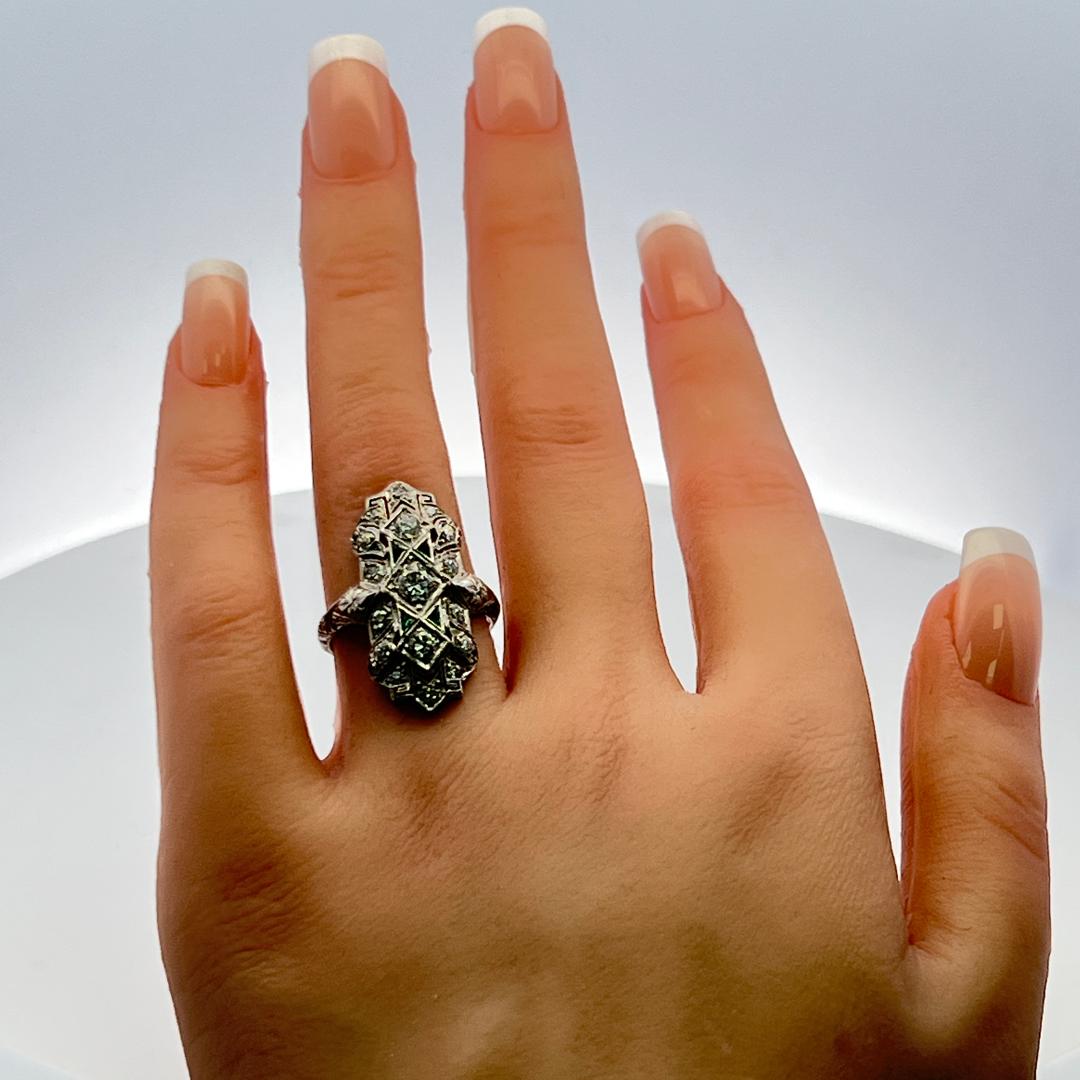 0.89 Carat Old European Cut Diamond 0.12 Carat Emerald Platinum Vintage Ring