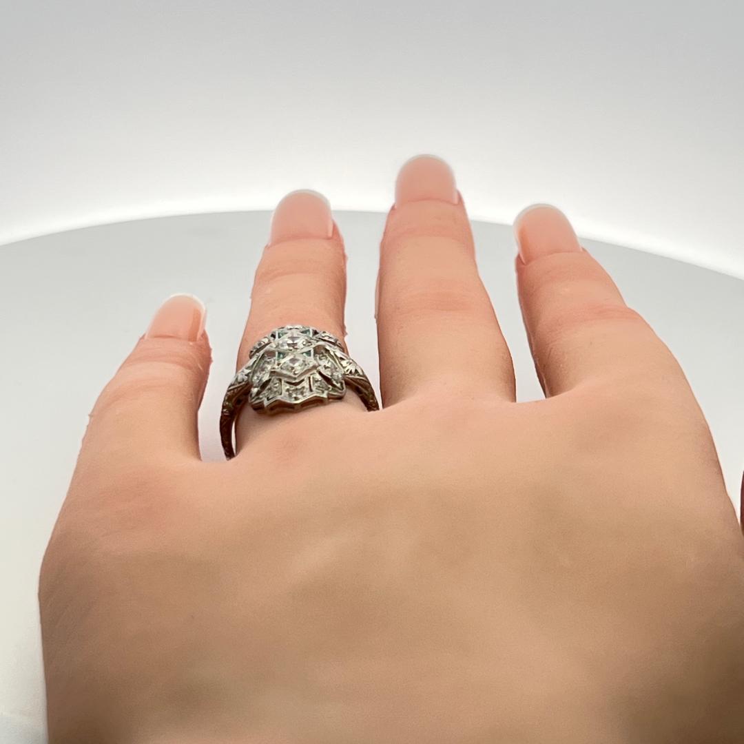 0.89 Carat Old European Cut Diamond 0.12 Carat Emerald Platinum Vintage Ring