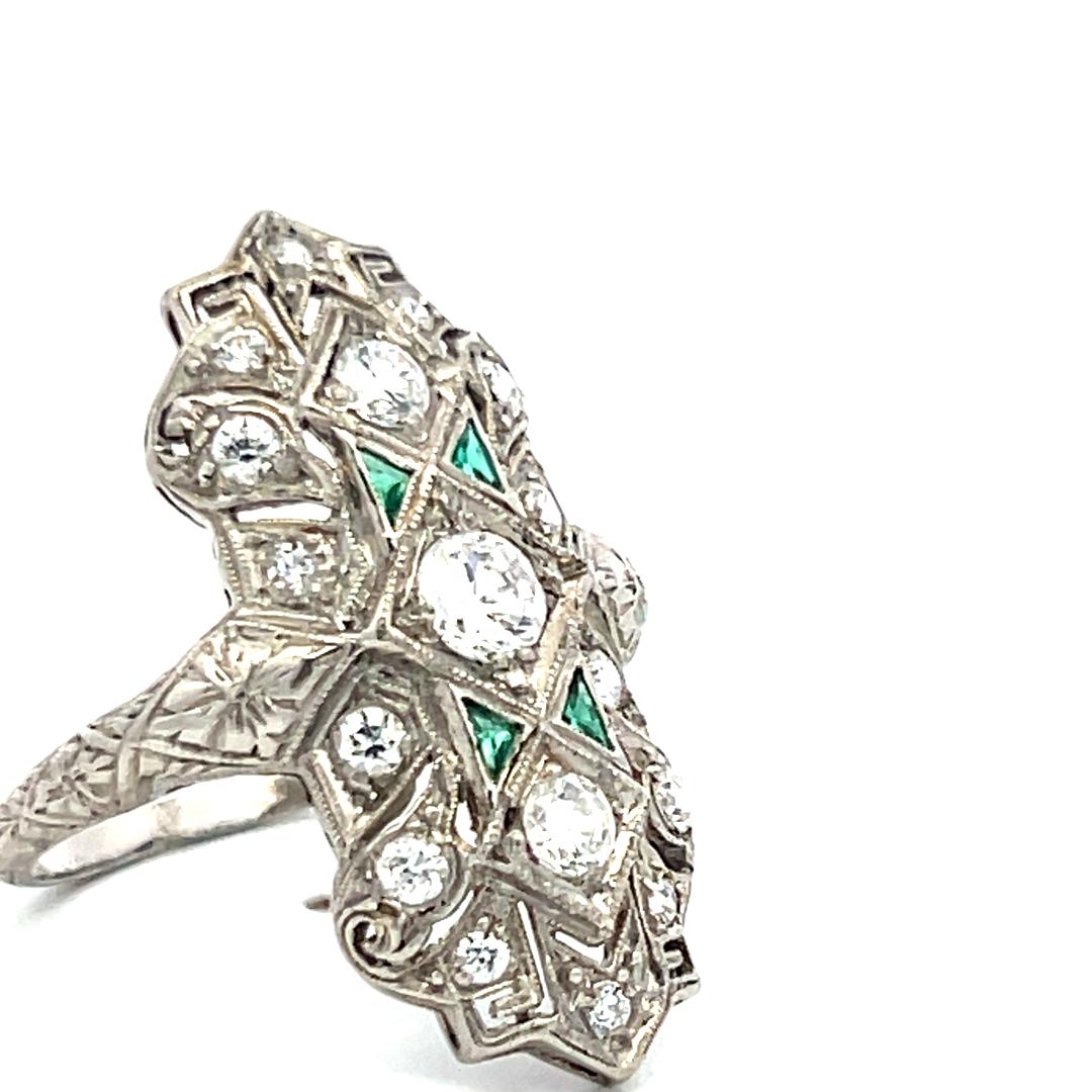0.89 Carat Old European Cut Diamond 0.12 Carat Emerald Platinum Vintage Ring