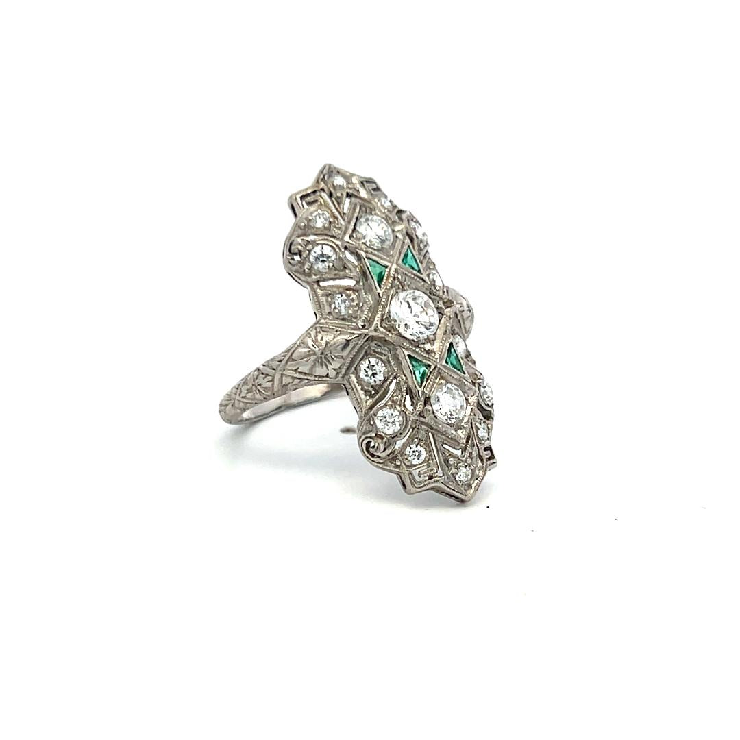 0.89 Carat Old European Cut Diamond 0.12 Carat Emerald Platinum Vintage Ring