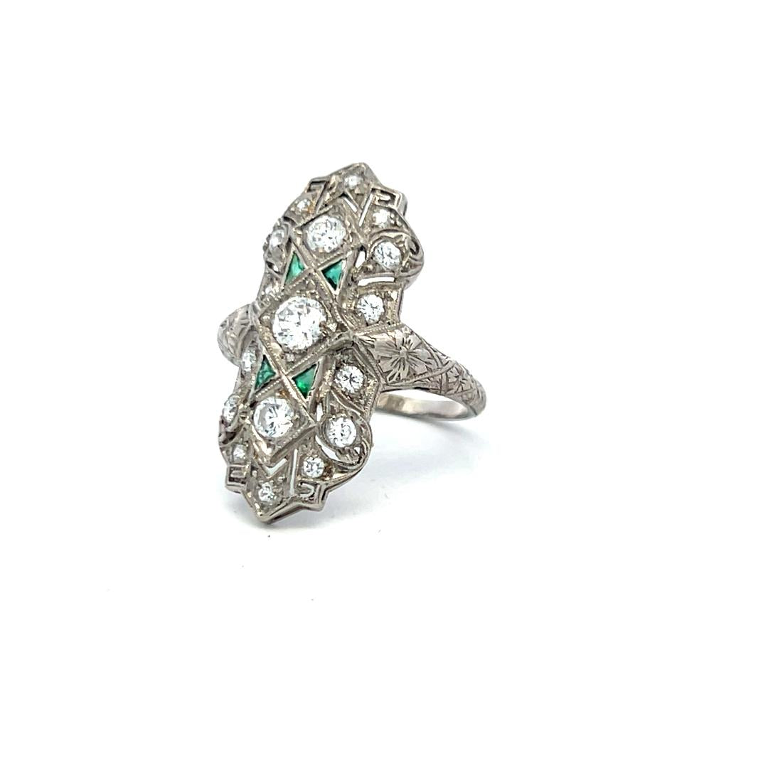 0.89 Carat Old European Cut Diamond 0.12 Carat Emerald Platinum Vintage Ring