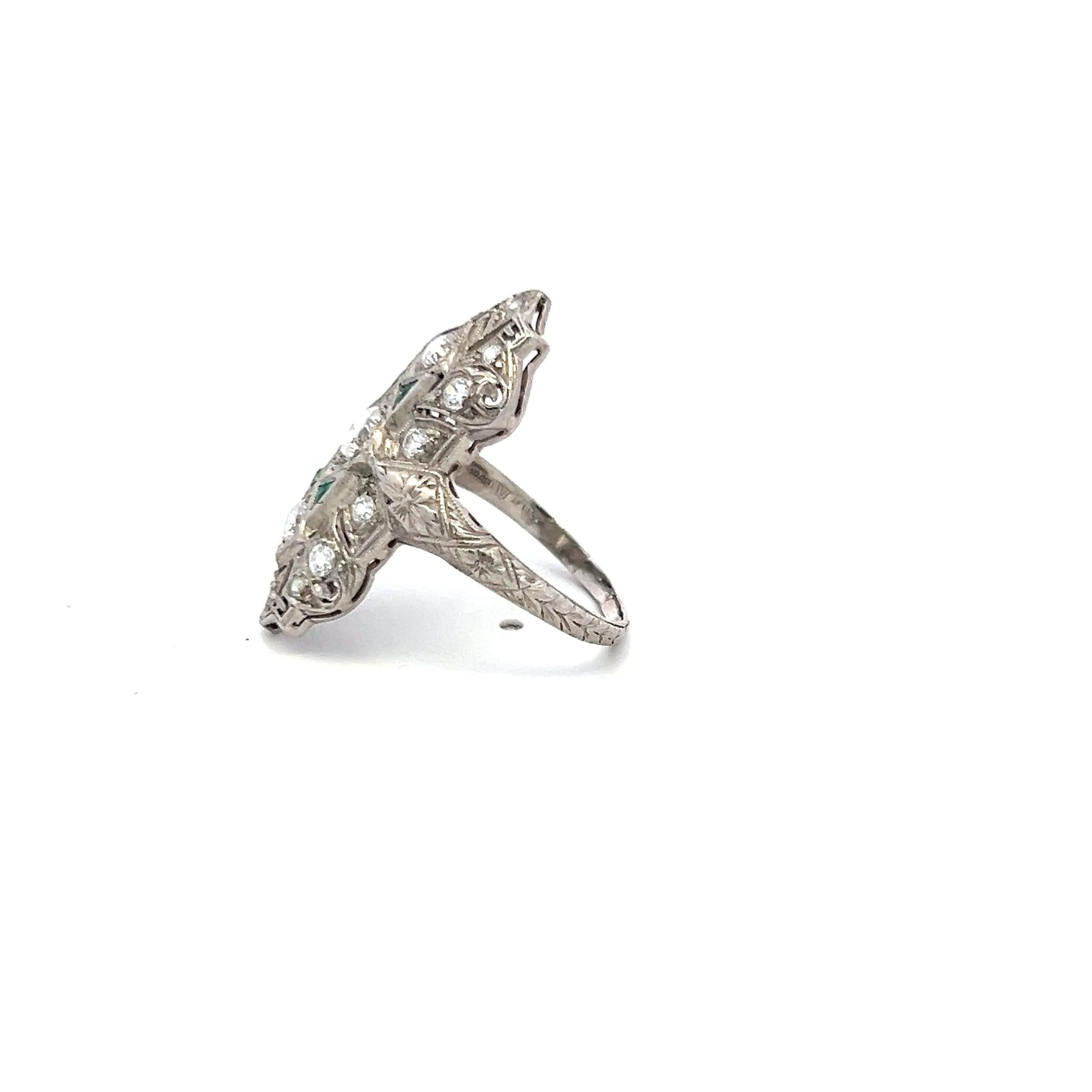 0.89 Carat Old European Cut Diamond 0.12 Carat Emerald Platinum Vintage Ring