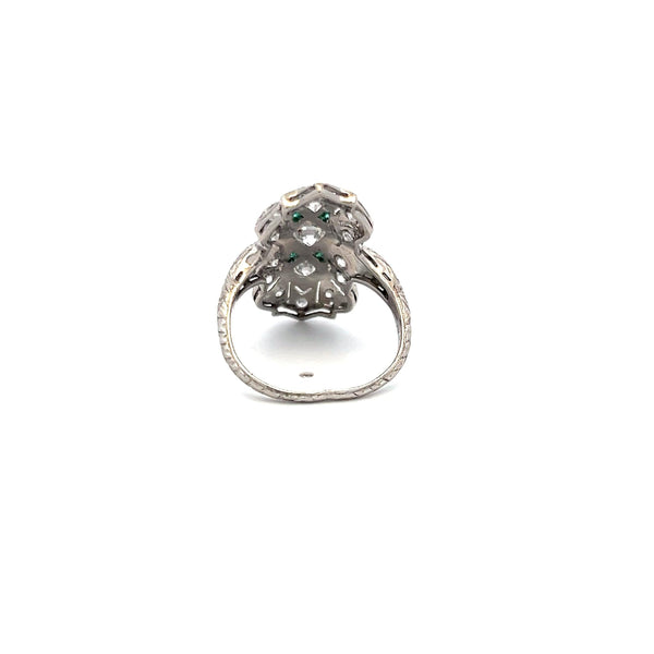 0.89 Carat Old European Cut Diamond 0.12 Carat Emerald Platinum Vintage Ring