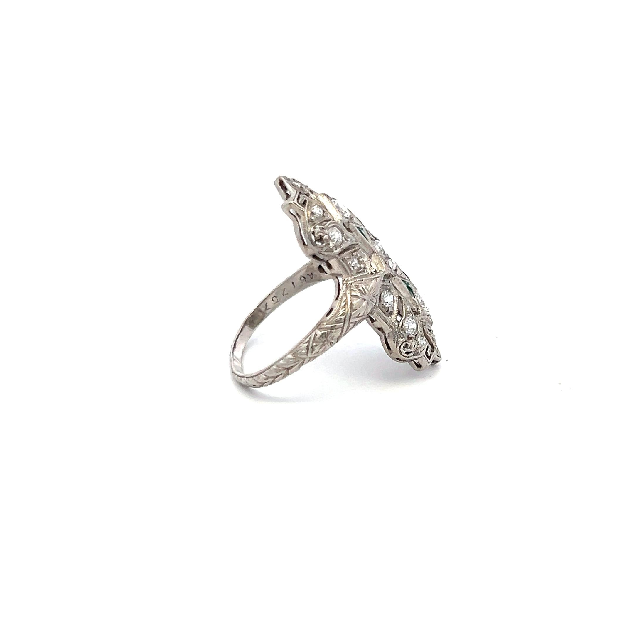 0.89 Carat Old European Cut Diamond 0.12 Carat Emerald Platinum Vintage Ring
