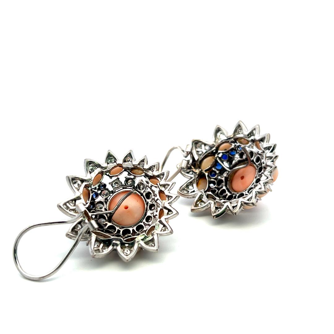 18K WG Cluster Earrings with 2 Ct Circular Diamonds 1.3 Ct Sapphire and Coral