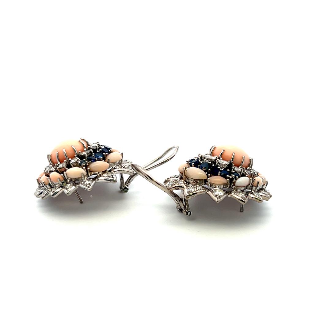 18K WG Cluster Earrings with 2 Ct Circular Diamonds 1.3 Ct Sapphire and Coral