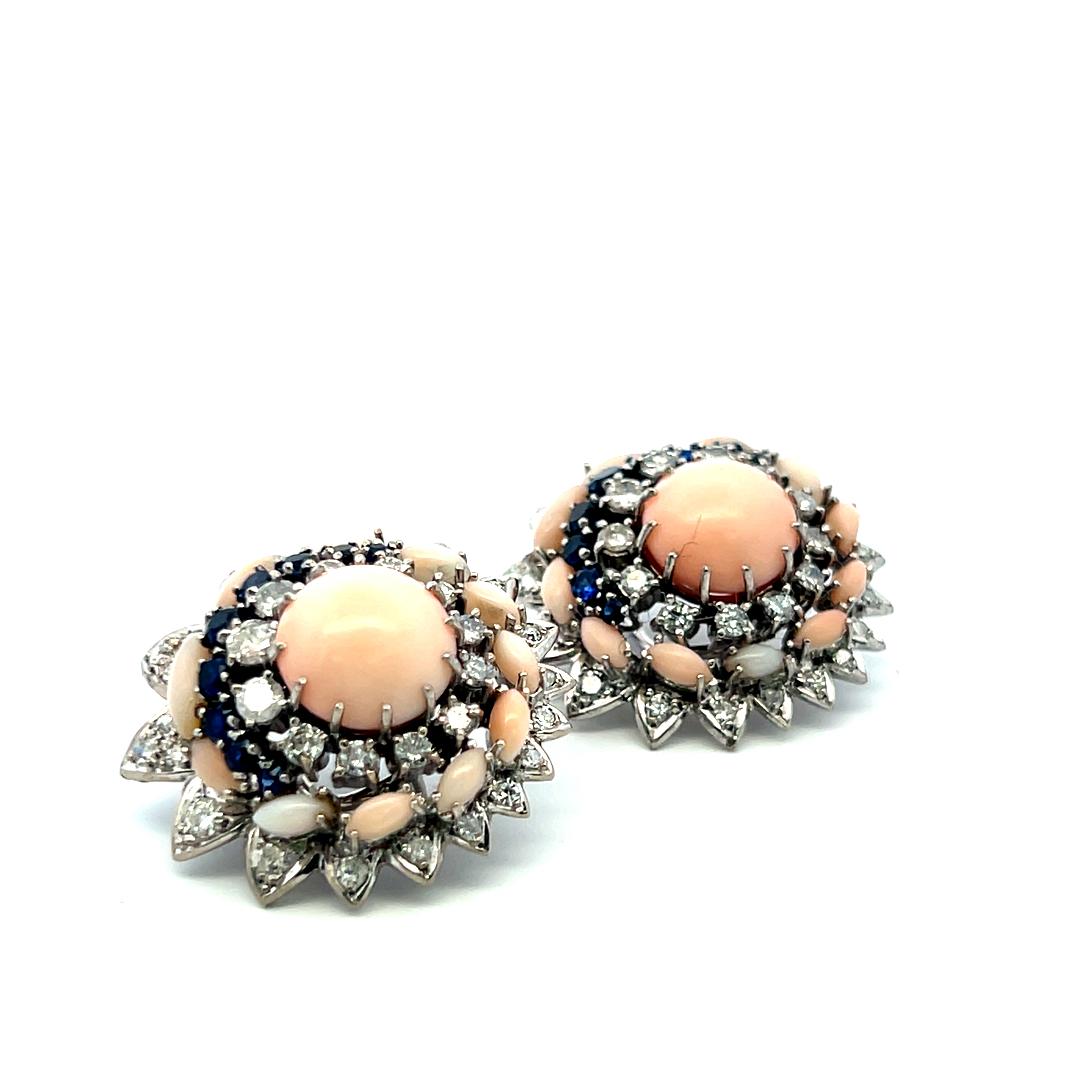 18K WG Cluster Earrings with 2 Ct Circular Diamonds 1.3 Ct Sapphire and Coral