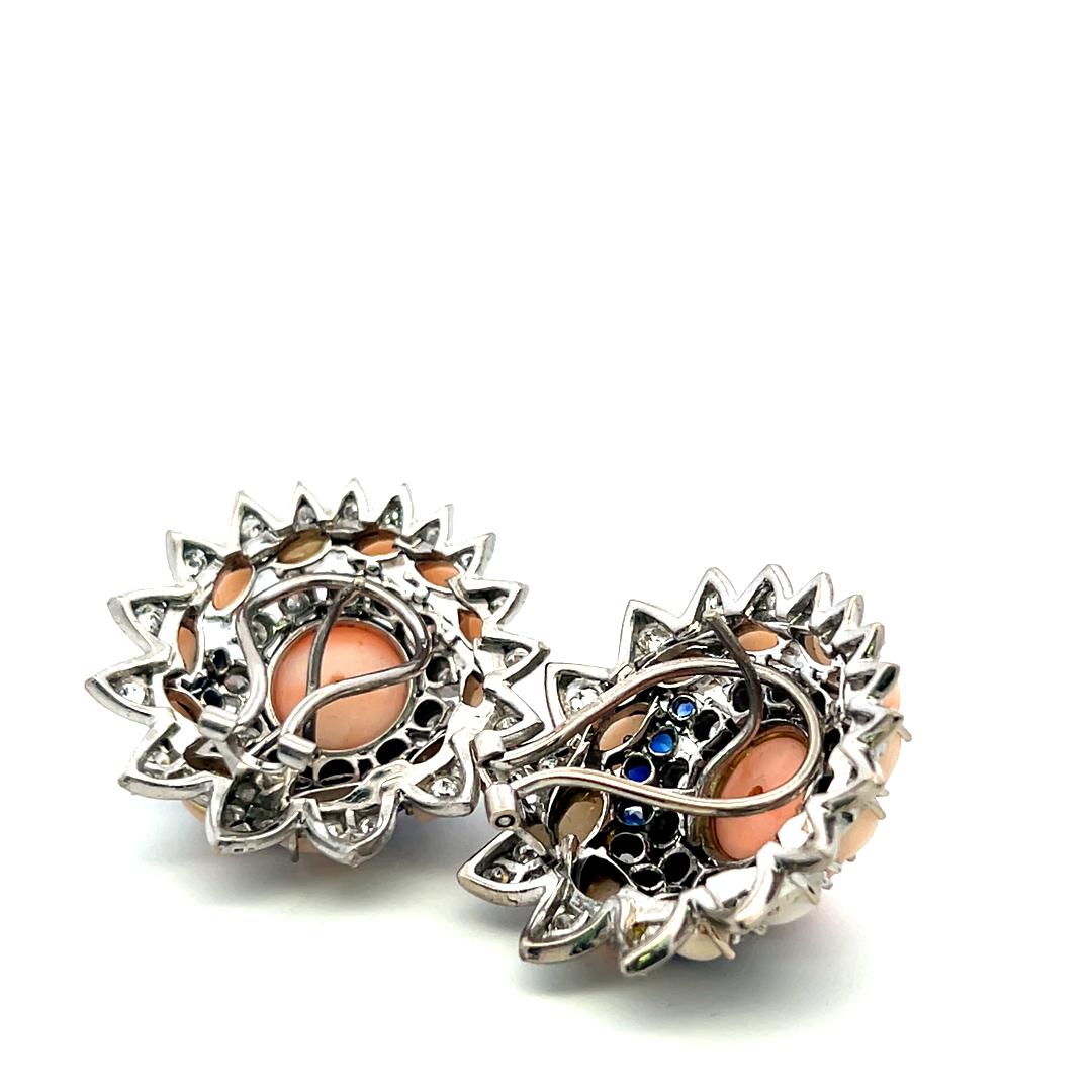 18K WG Cluster Earrings with 2 Ct Circular Diamonds 1.3 Ct Sapphire and Coral