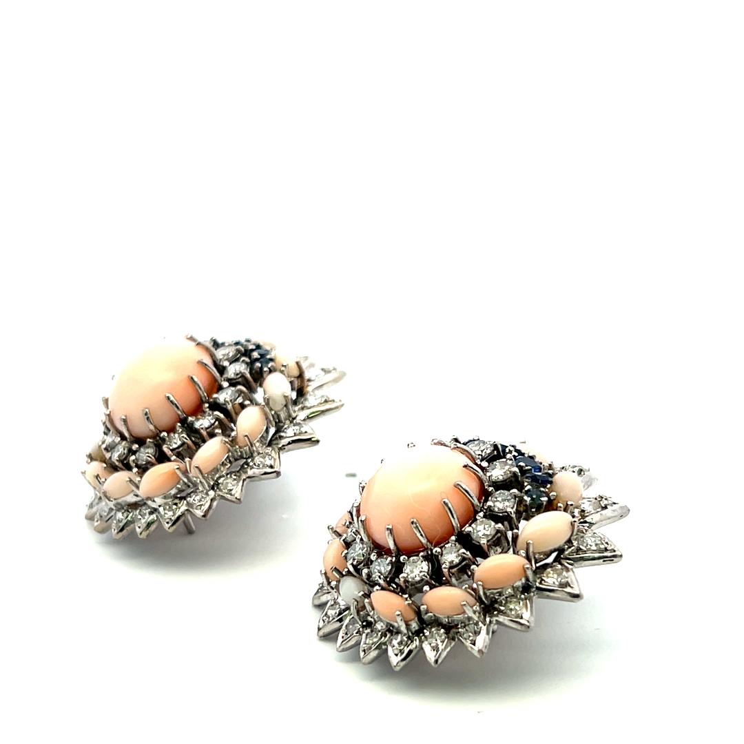 18K WG Cluster Earrings with 2 Ct Circular Diamonds 1.3 Ct Sapphire and Coral