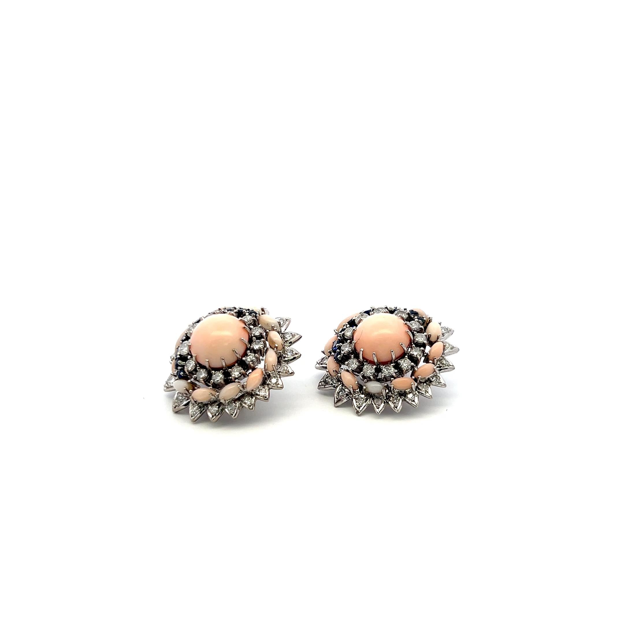 18K WG Cluster Earrings with 2 Ct Circular Diamonds 1.3 Ct Sapphire and Coral