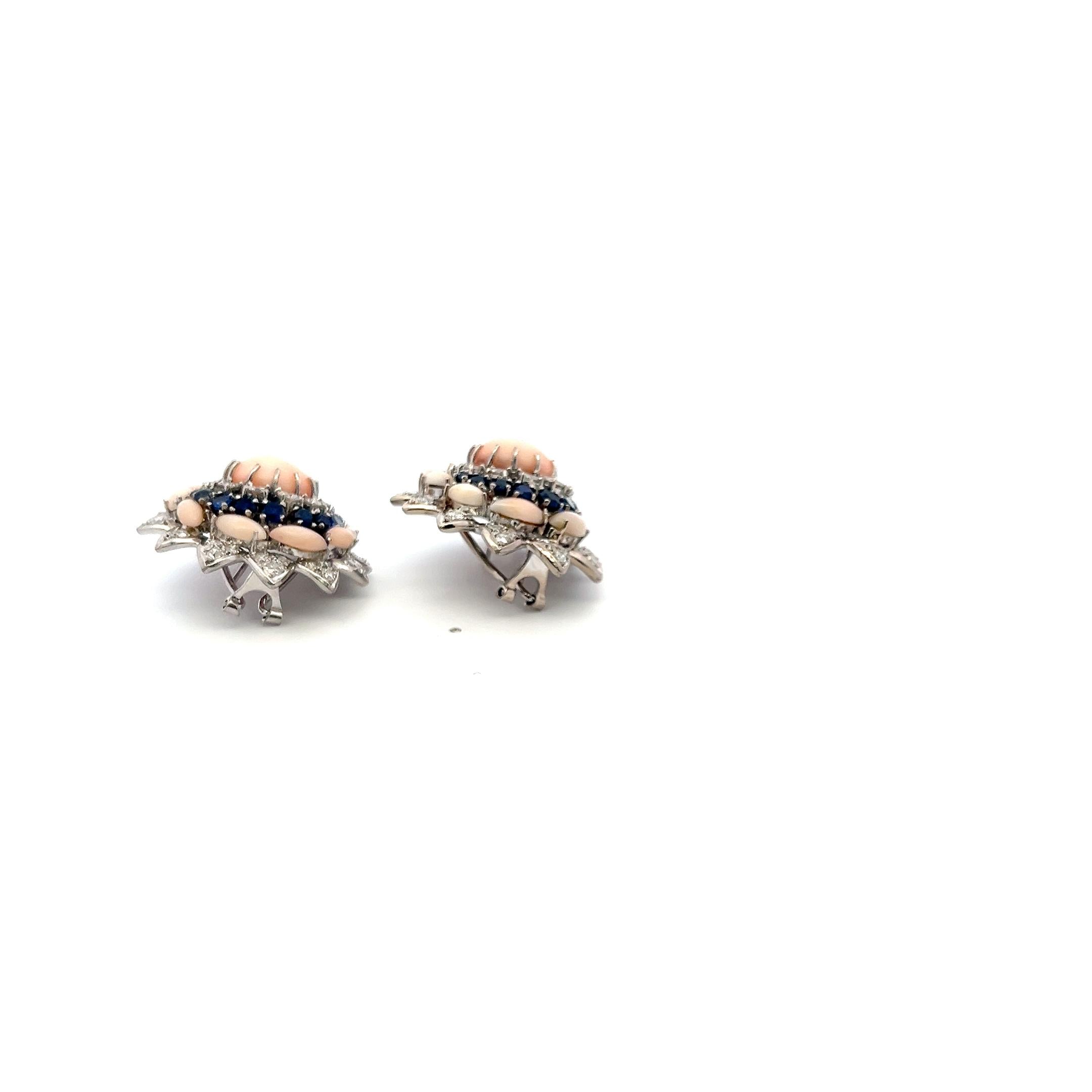 18K WG Cluster Earrings with 2 Ct Circular Diamonds 1.3 Ct Sapphire and Coral