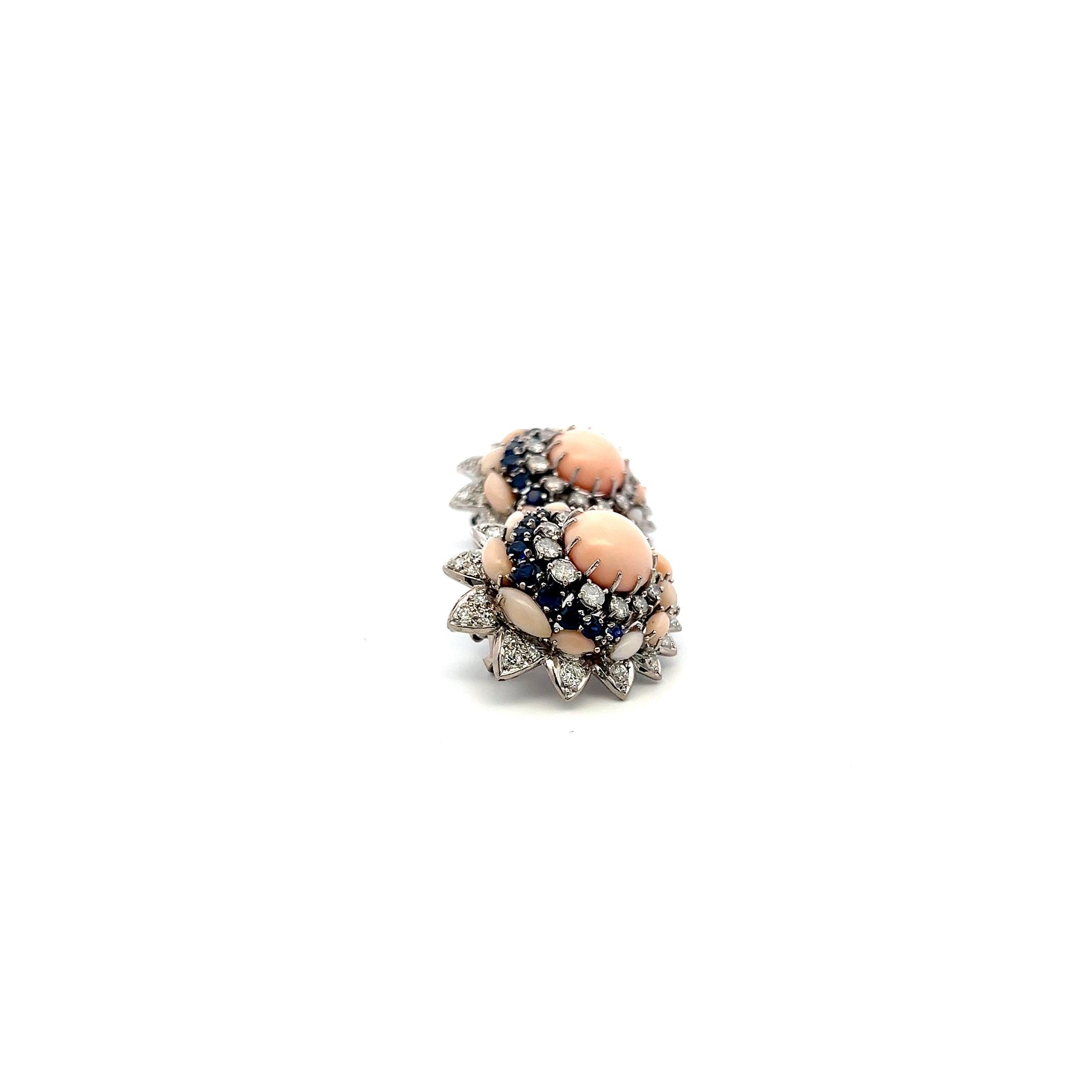18K WG Cluster Earrings with 2 Ct Circular Diamonds 1.3 Ct Sapphire and Coral