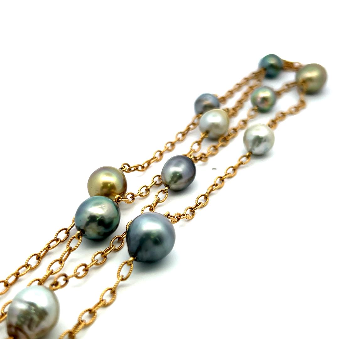 9-11.7 MM Multi Color Pearl 18 Karat Yellow Gold Link Necklace
