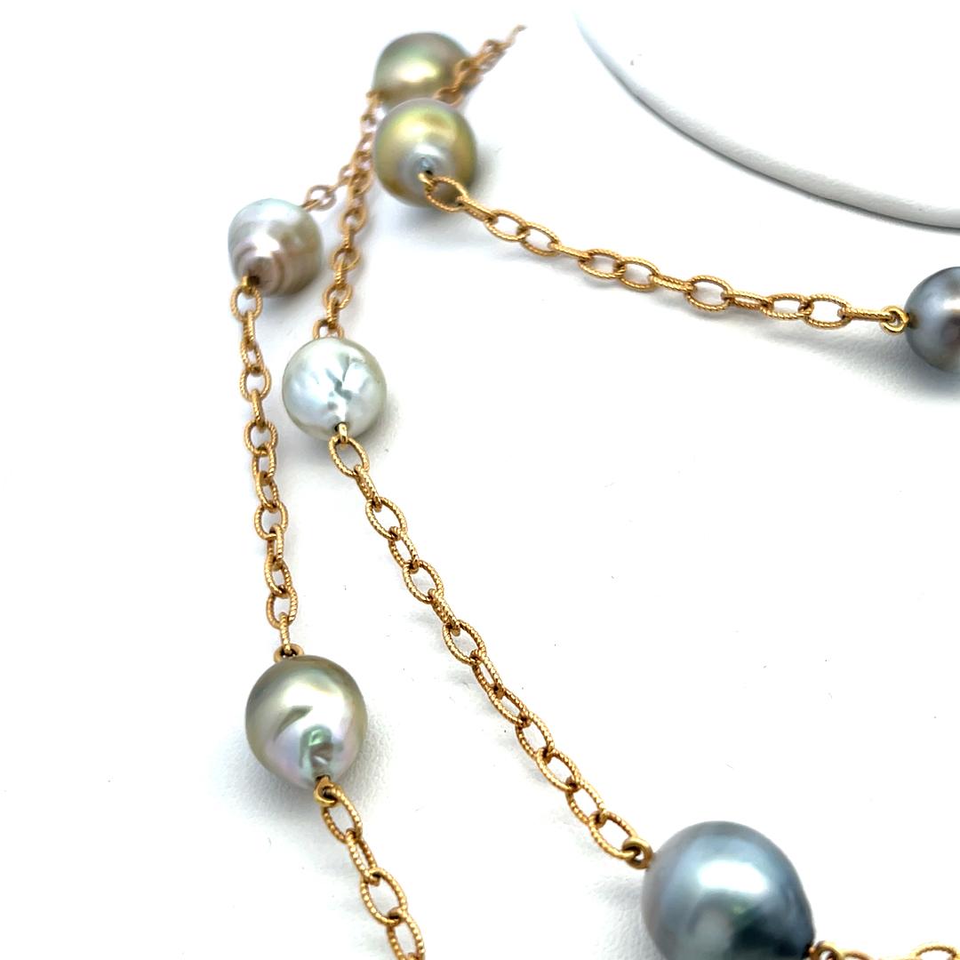 9-11.7 MM Multi Color Pearl 18 Karat Yellow Gold Link Necklace