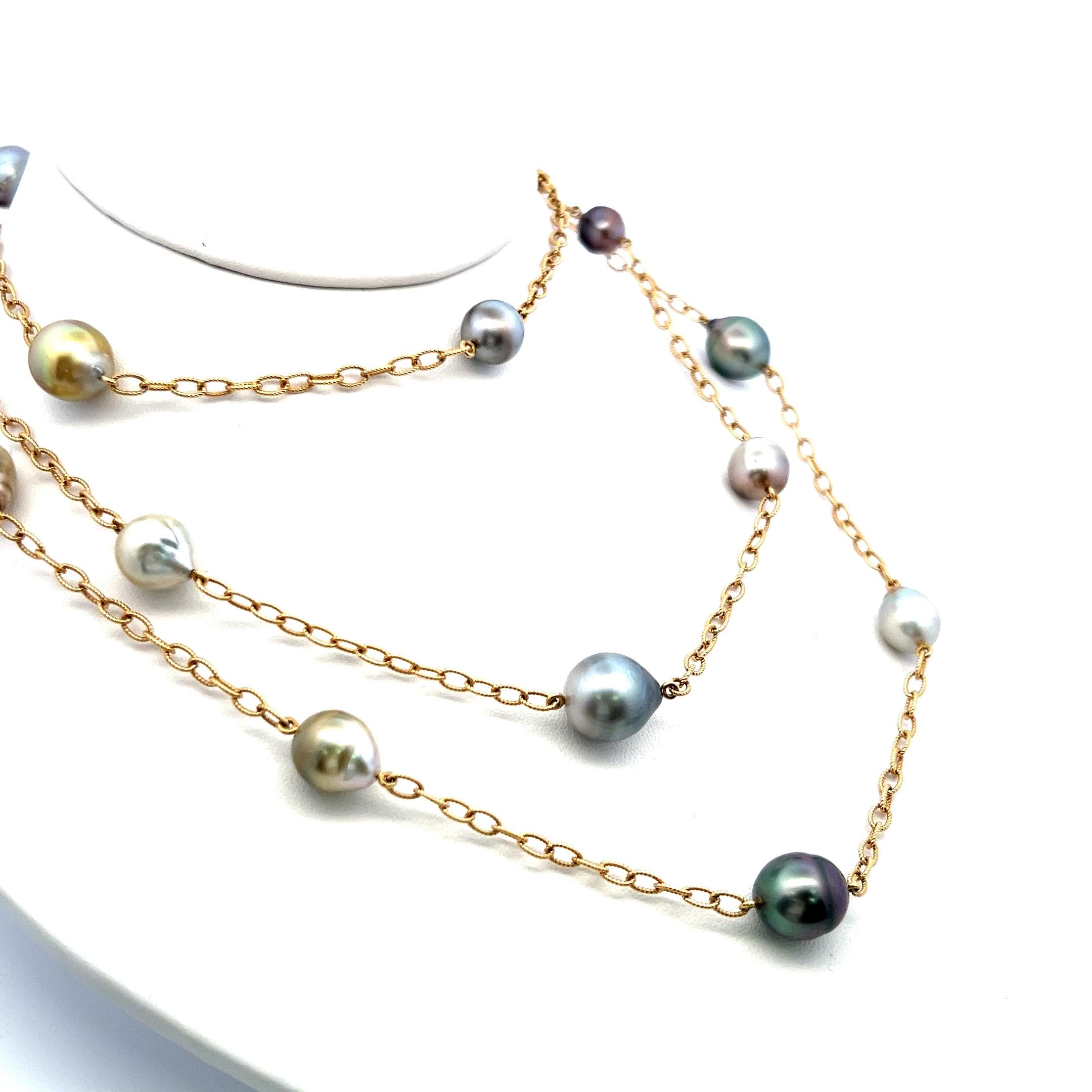 9-11.7 MM Multi Color Pearl 18 Karat Yellow Gold Link Necklace