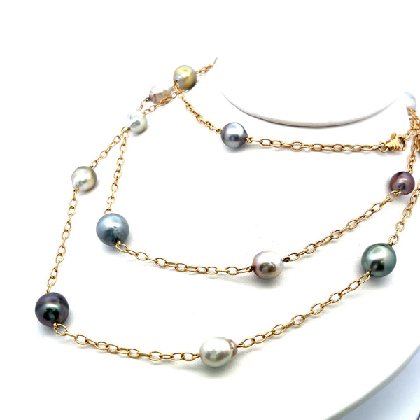 9-11.7 MM Multi Color Pearl 18 Karat Yellow Gold Link Necklace