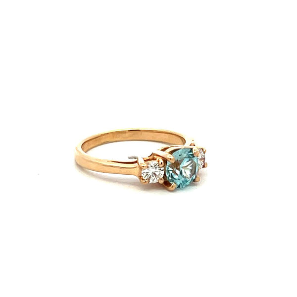 0.50 Carat Blue Zicron 0.20 Carat Round Diamond 14K YG Three-Stone Ring