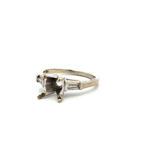 0.10 Carat Tapered Baguette Diamond 14 Karat White Gold Semi Mount Ring