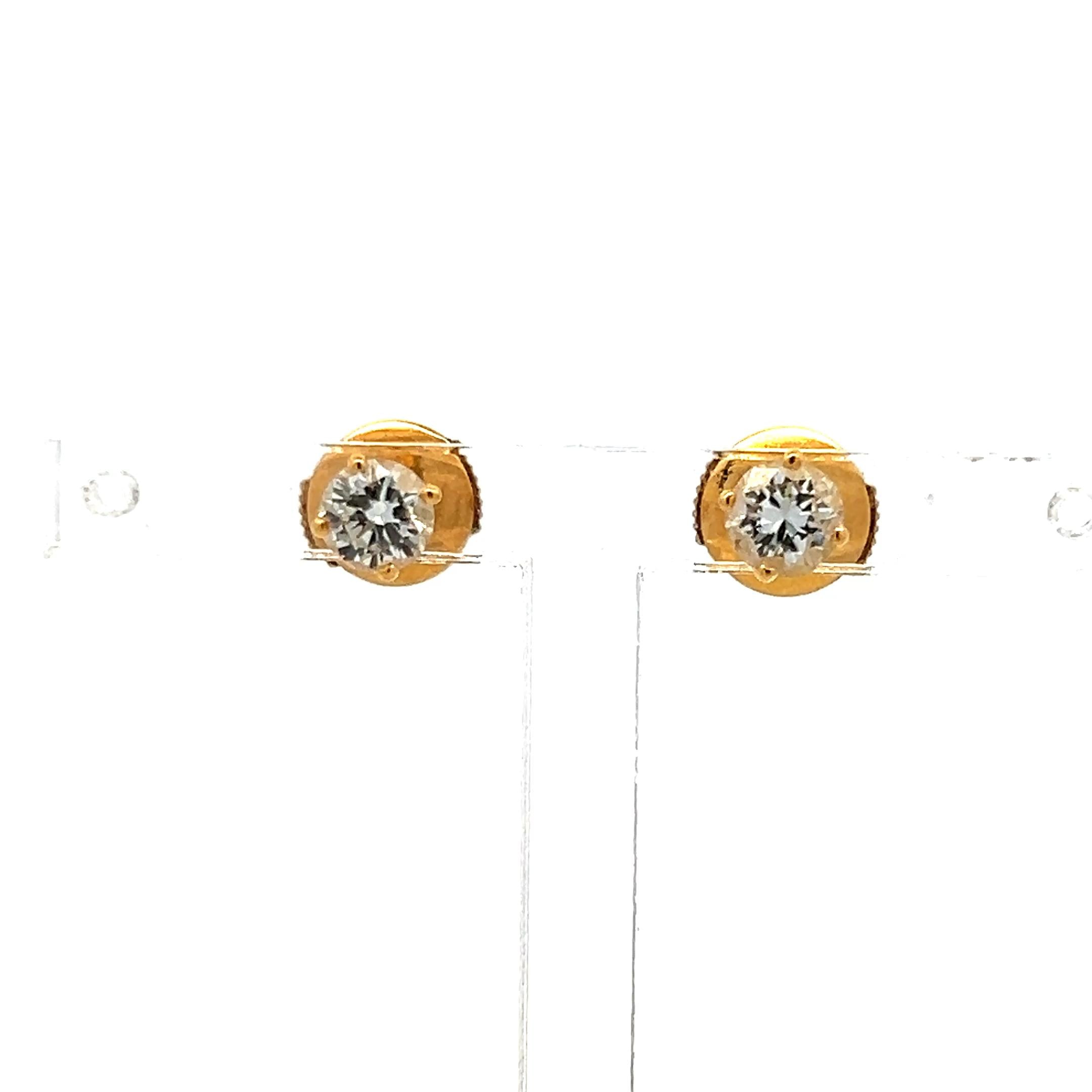 0.70 Carat Round Brilliant H VS Diamond 18 Karat Yellow Gold Stud Earrings