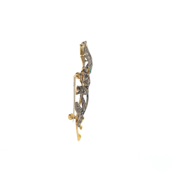 0.70 Carat Rose Cut Diamond 0.15 Carat Emerald 18K Two Tone Gold Pin Brooch