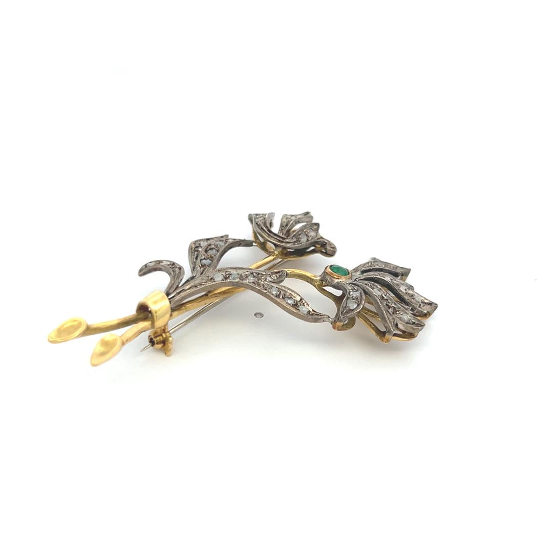 0.70 Carat Rose Cut Diamond 0.15 Carat Emerald 18K Two Tone Gold Pin Brooch