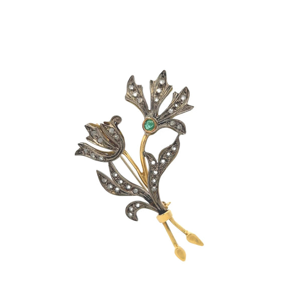 0.70 Carat Rose Cut Diamond 0.15 Carat Emerald 18K Two Tone Gold Pin Brooch