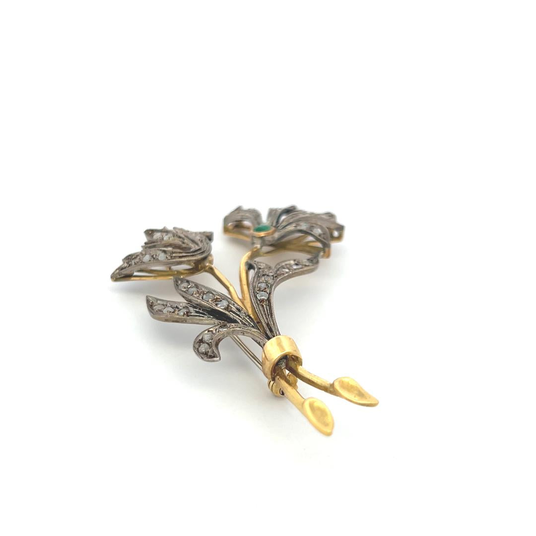 0.70 Carat Rose Cut Diamond 0.15 Carat Emerald 18K Two Tone Gold Pin Brooch