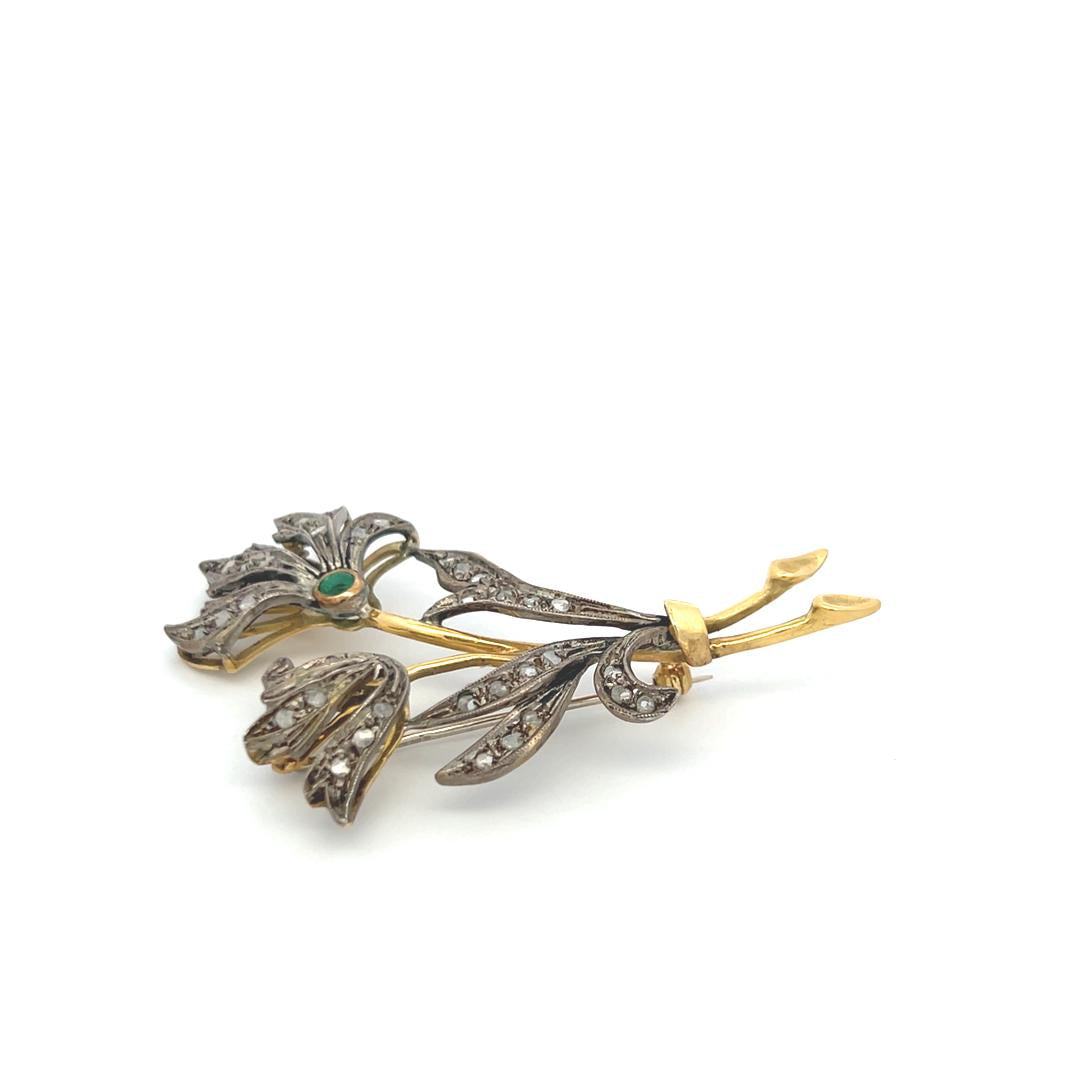 0.70 Carat Rose Cut Diamond 0.15 Carat Emerald 18K Two Tone Gold Pin Brooch
