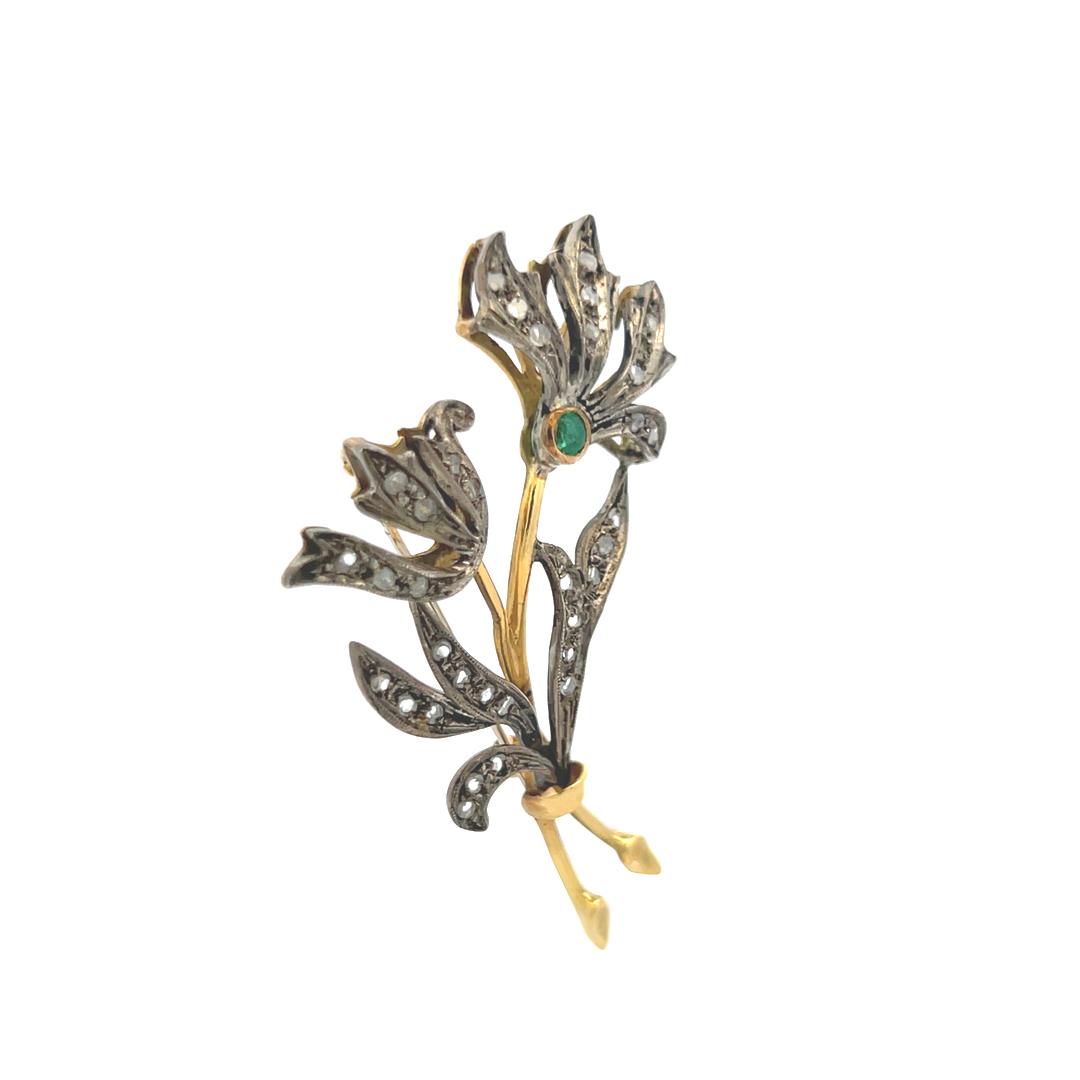 0.70 Carat Rose Cut Diamond 0.15 Carat Emerald 18K Two Tone Gold Pin Brooch