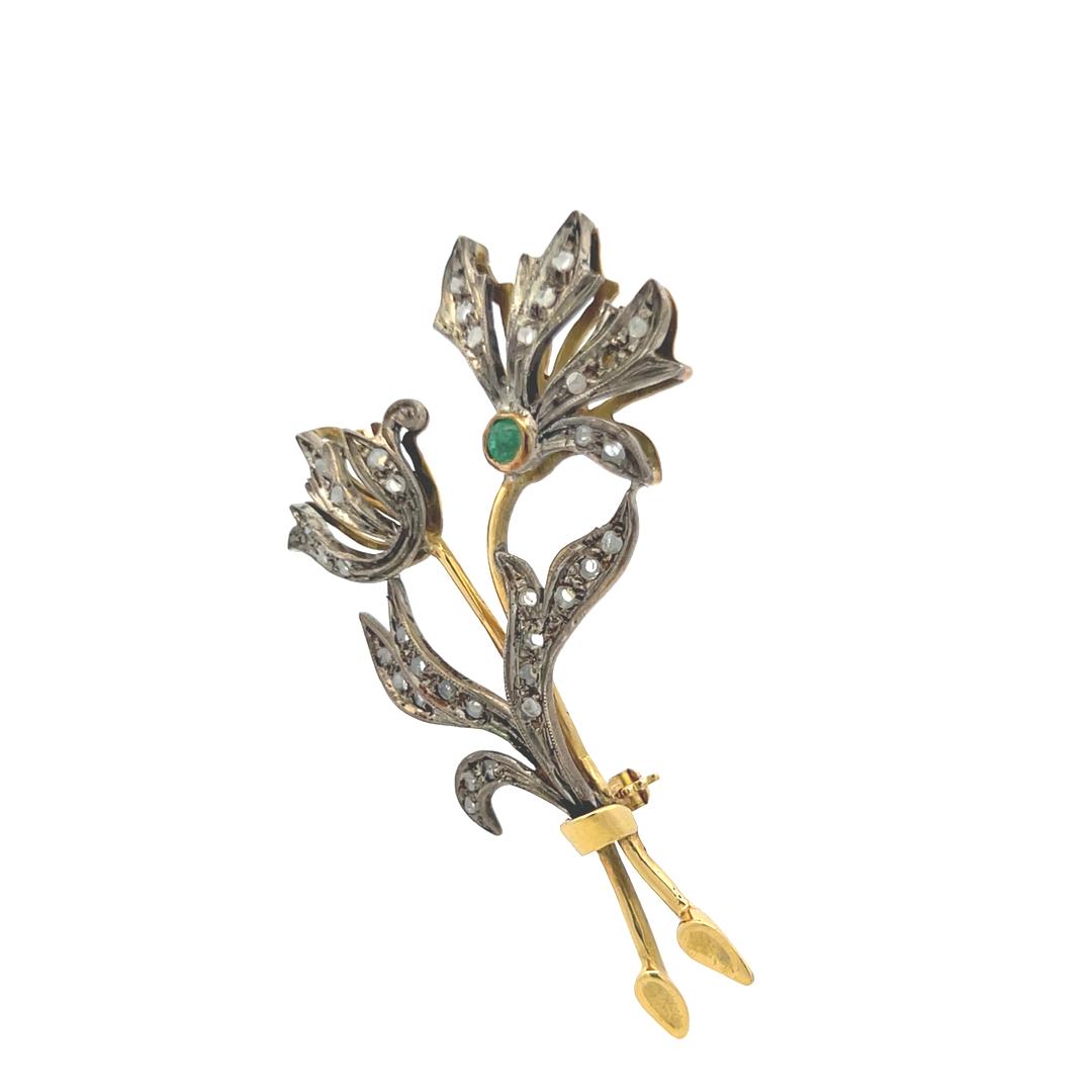 0.70 Carat Rose Cut Diamond 0.15 Carat Emerald 18K Two Tone Gold Pin Brooch