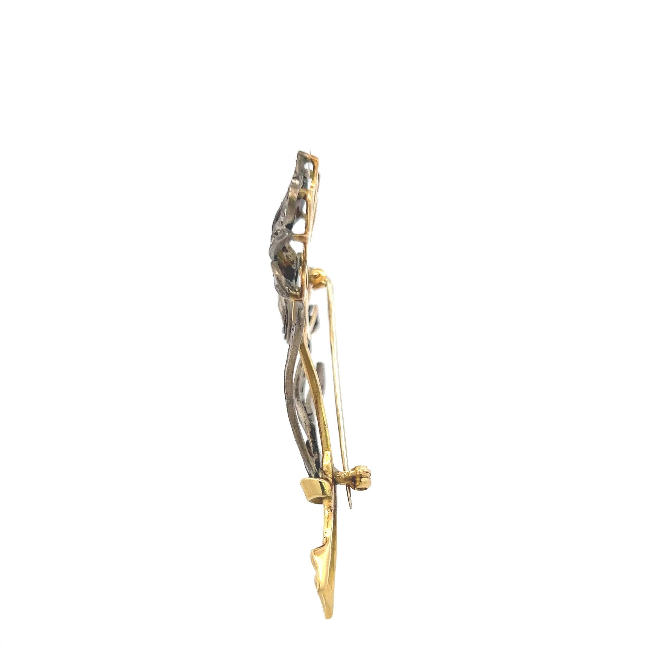 0.70 Carat Rose Cut Diamond 0.15 Carat Emerald 18K Two Tone Gold Pin Brooch