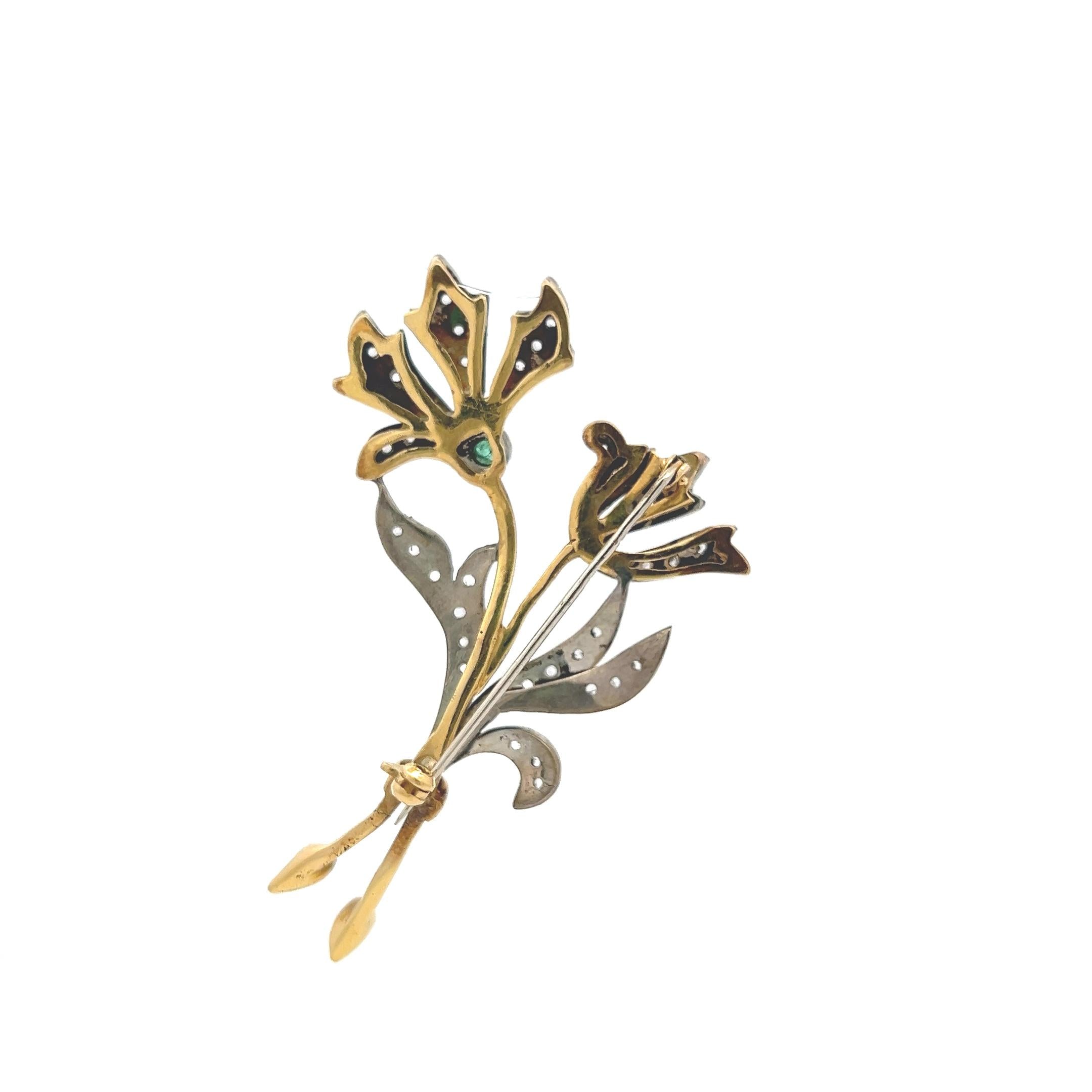 0.70 Carat Rose Cut Diamond 0.15 Carat Emerald 18K Two Tone Gold Pin Brooch