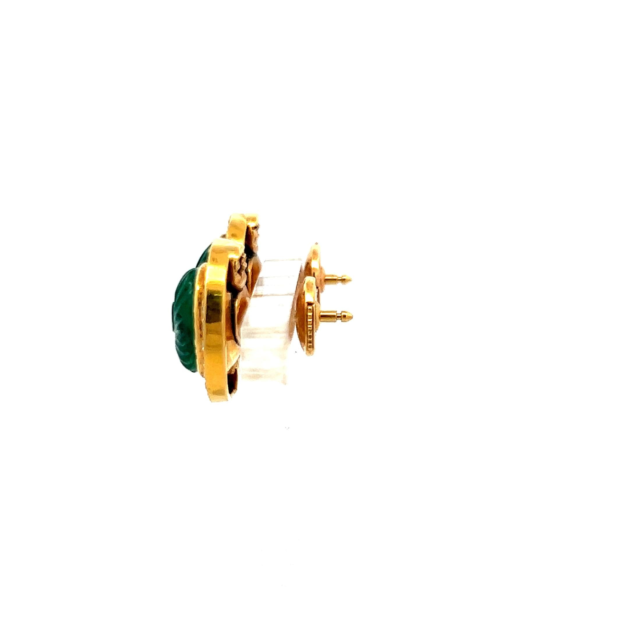 9.5-8.5MM Emerald 0.78 Carat Round Diamond 18 Karat Yellow Gold Stud Earrings