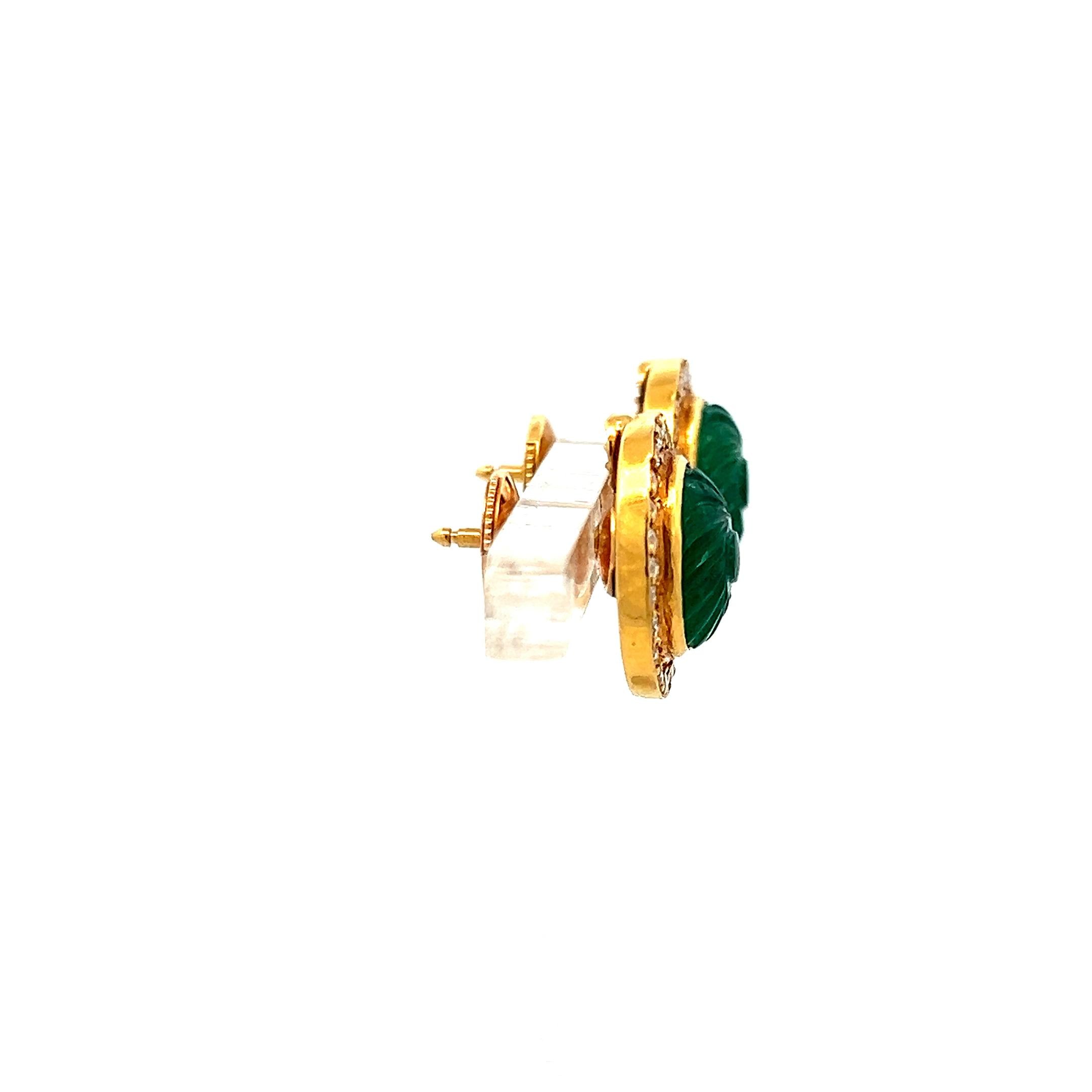9.5-8.5MM Emerald 0.78 Carat Round Diamond 18 Karat Yellow Gold Stud Earrings