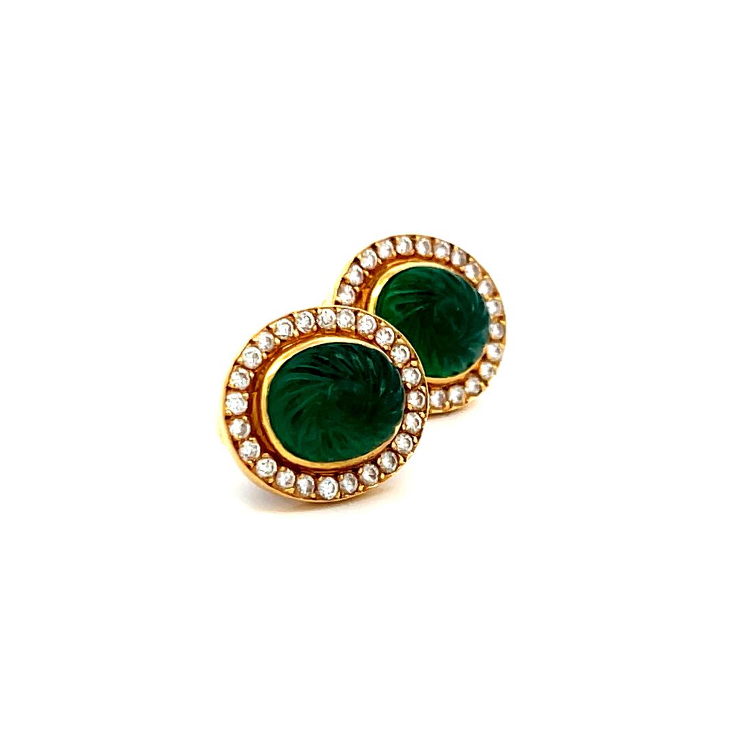 9.5-8.5MM Emerald 0.78 Carat Round Diamond 18 Karat Yellow Gold Stud Earrings