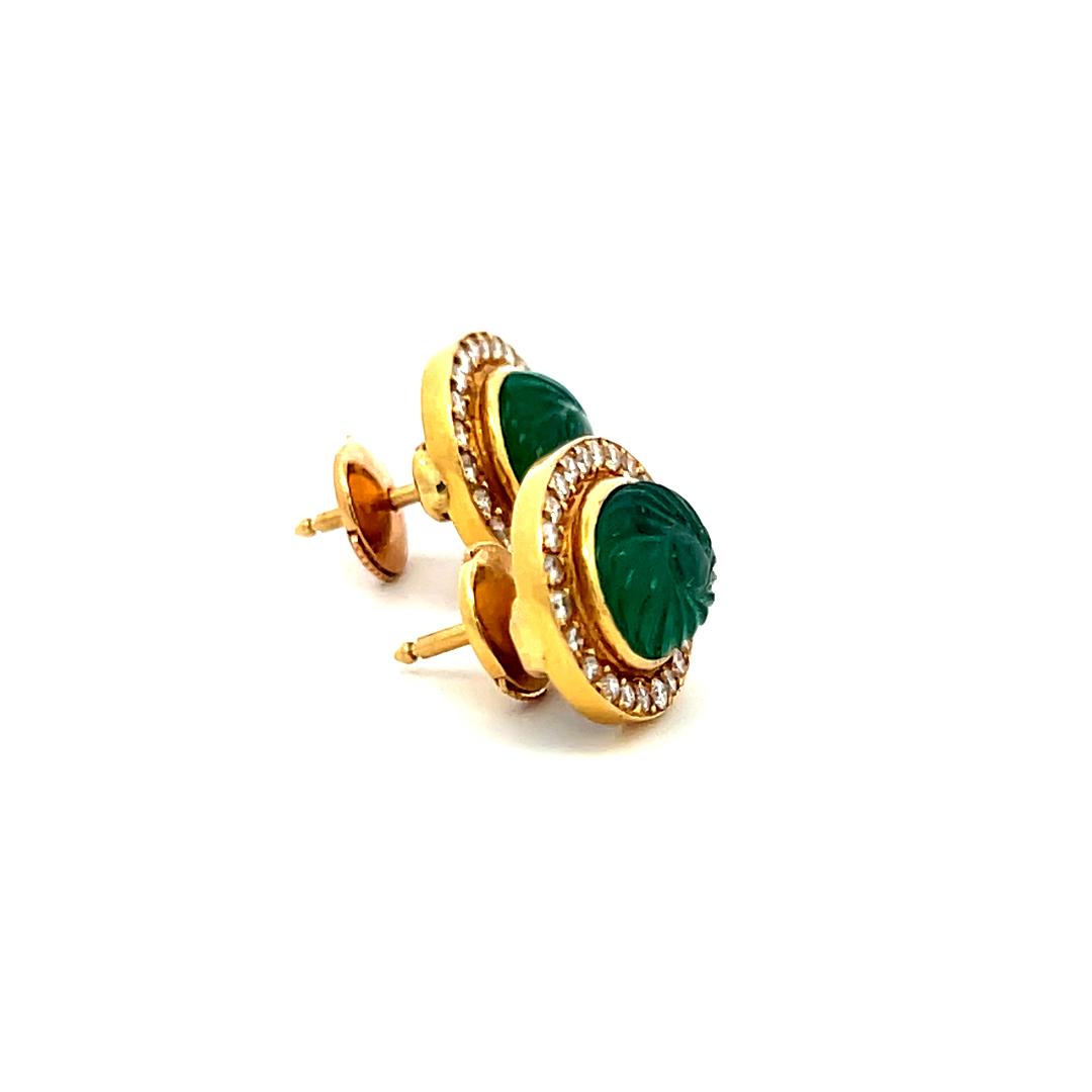 9.5-8.5MM Emerald 0.78 Carat Round Diamond 18 Karat Yellow Gold Stud Earrings