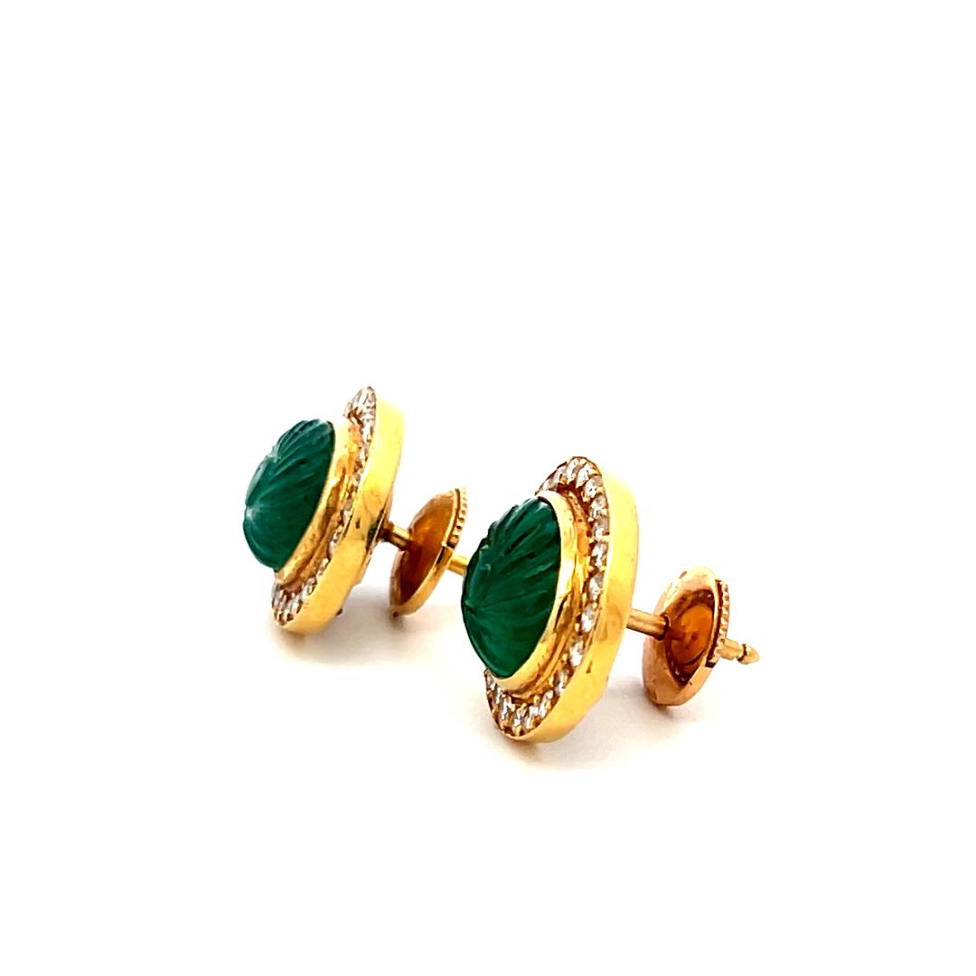 9.5-8.5MM Emerald 0.78 Carat Round Diamond 18 Karat Yellow Gold Stud Earrings
